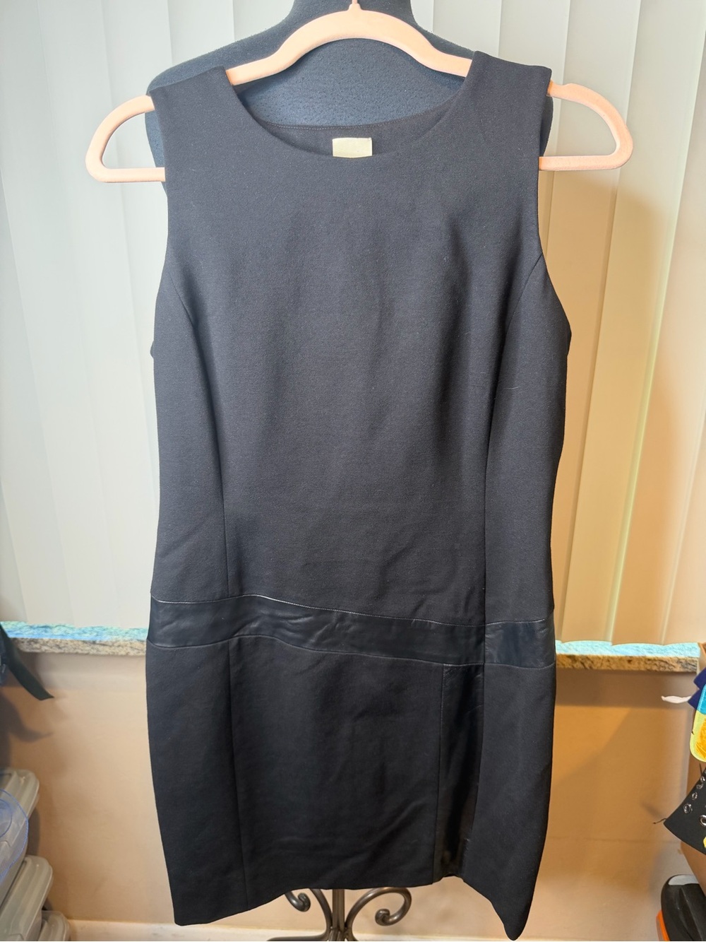 Ecru  Black Sleeveless Sheath Faux Leather Detail Dress Size 2